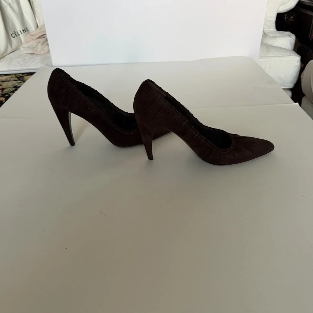 Prada Camoscio Plisse Women's Dark Brown Suede Heels - Picture 5 of 15